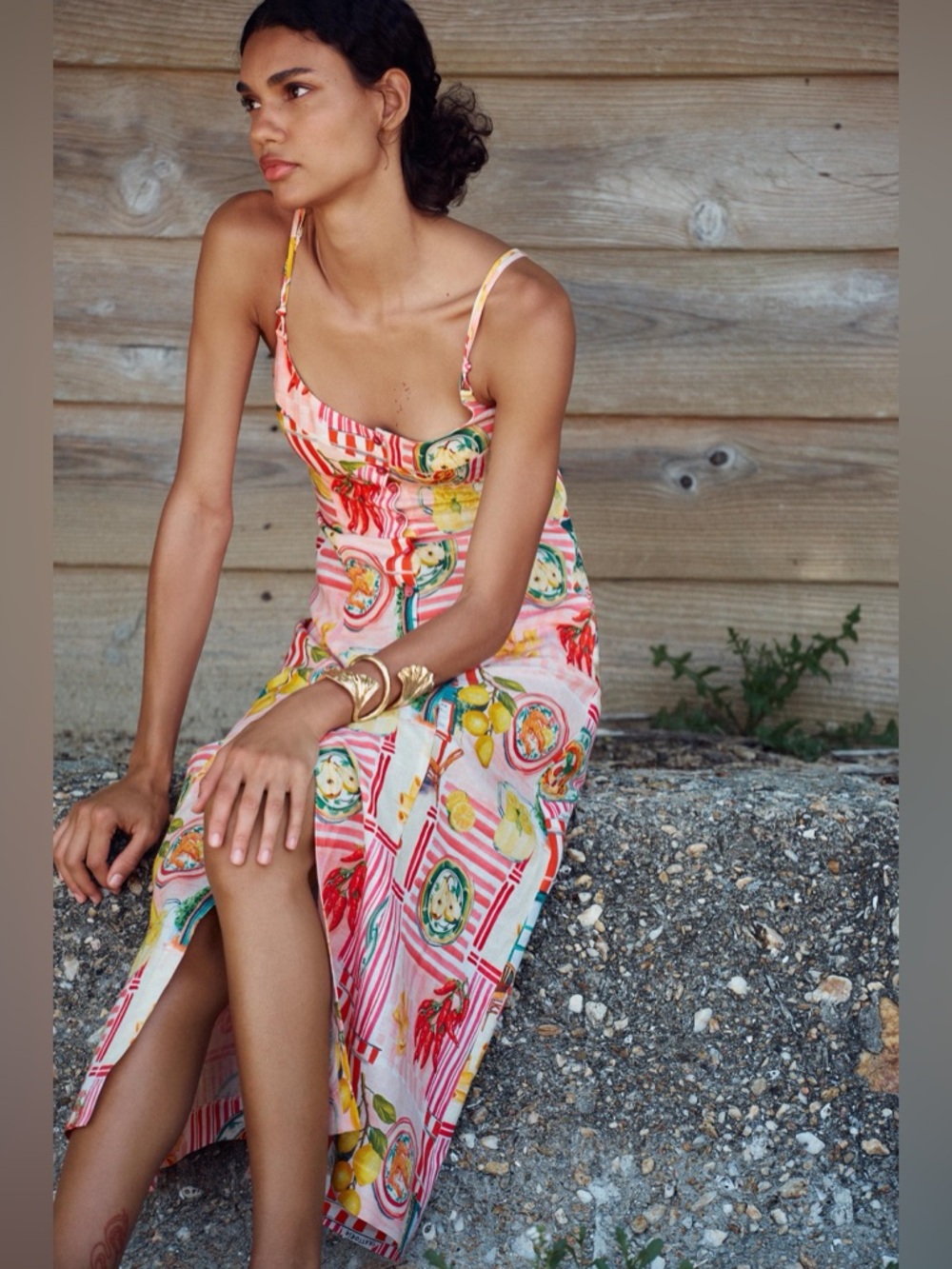 Zara Floral Pink Lemon Print Maxi Dress - Italy Inspired Summer Linnen Dress - Picture 7 of 11